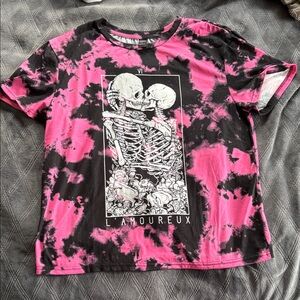 SHEIN Black and Pink Tie-Dye Skeleton Tee
